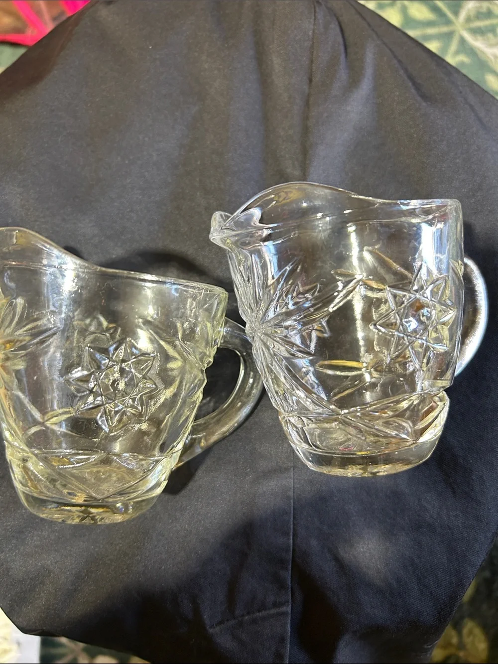 Clear Glass Creamer and Sugar Set with Starburst Embossed Design